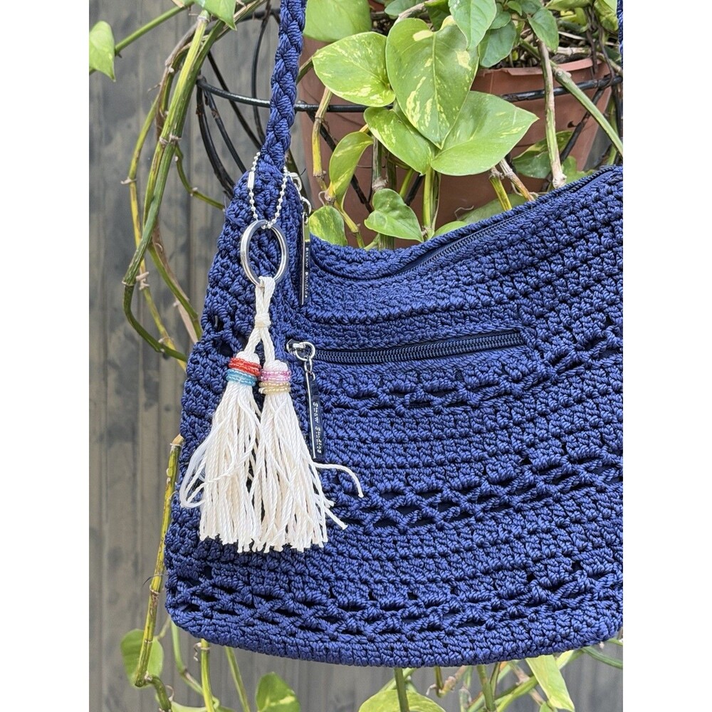 Straw Studios Blue Crochet Crossbody Shoulder Bag Tassel Boho Zip Purse